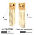 Gold plated 18k stainless steel heart square earrings with beaded tassel charm - Gold