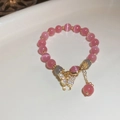 Pink cat eye beaded bracelet with a gold crystal butterfly charm for women - 97# Elastic Bracelet-Pink Cat's Eye-Gold Butterfly-Grey Bead