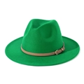 Detail view of green fedora hat with brown leather belt and golden metal buckle - M(56-58cm) / Green + Light Khaki Belt