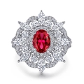 Exquisite 925 silver ring featuring a large oval red zircon and floral halo cluster - US Size 6 / Vintage Red Gemstone Cluster Style (TL-522)