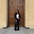 Women's chic black two-piece tracksuit set with zipper hoodie and drawstring pants - S / Brown