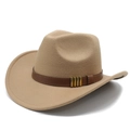 Détail d'un chapeau de cowboy en laine beige avec ceinture en cuir et boucles dorées - M (56-59cm) / Chameau