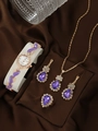 Golden jewelry set with purple gemstones including watch necklace earrings and ring - Purple Jewelry Set