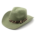 Detail of sage green straw cowboy hat featuring a leopard print ribbon bow decoration - M (56-58cm) / Army Green