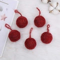 Set of five handmade red felt ball ornaments with hanging strings on soft plush background - Yarn Ball Style (B-34) / 5 Pieces / Burgundy