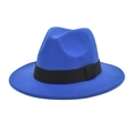 Detailed close-up of a royal blue wool fedora hat with a black decorative ribbon band - M (56-58cm) / Sapphire Blue