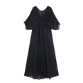 Detailed view of deep V-neck design and elegant pleated chiffon texture on black dress - S / Black