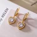 Elegant gold-plated heart drop earrings with central white zircon and pavé detailing - Gold (44078)