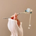 Golden branch hair pin with blue and green flowers and white pearl tassels - 178# Blue Plum Blossom