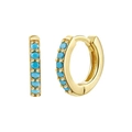 Detail of gold hoop earrings with turquoise stones in a classic claw setting - Minimalist Gold Tone Small Hoop