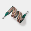 Ethnic wide bag strap with orange green V-pattern weaving and green leather ends - L80cm W3.8cm / Green Webbing with Silver Buckle