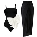 Classic black one-piece swimsuit with white waist bow and matching sheer sarong skirt set - S / Swimsuit Set