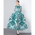 Geplooide maxi-jurk met groene koninklijke print op witte stof en lange mouwen - Eén maat / Groen