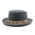 Detail view of grey wool pork pie hat featuring a brown geometric embroidered hatband - M (56-58cm) / Gray