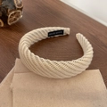 Chic beige knitted headband with textured finish and handmade woven pattern detail - Cream White Braid Wool Knit