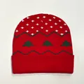Close-up of red Christmas knit hat with snowflake and green tree patterns for winter - Style 9 (Red Christmas Tree Snowflake)