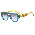Retro square sunglasses featuring blue textured frames and yellow translucent temples - Blue Frame Gray Blue Lens