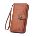 Brown long leather wallet with retro sun buckle, litchi texture and wrist strap - Brown