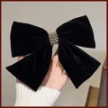 Elegant black velvet bow hair clip featuring luxury triple gold chain detailing - 9# Chain Bow Spring Clip - Black