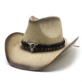 Classic straw western cowboy sun hat with bull skull metal emblem and ethnic band - M (56-58cm) / Beige Brown