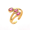 Three-layer gold stainless steel open ring with three pink oval zircons for women - Gold + Red