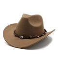 Classic camel wool felt western cowboy hat with woven leather band and evil eye charm - M (56-58cm) / Khaki