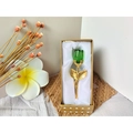 Golden metal rose with green faceted crystal bud in a gold gift box with heart pattern - Gold Stem Green Flower