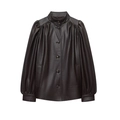 Veste rétro française en similicuir marron foncé avec manches bouffantes et col montant - XS / Café Foncé