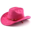 Detail eines fuchsiafarbenen Wildleder-Cowboyhuts mit rotem Lederband und Gold-Schnalle - M (56-58cm) / Fuchsia