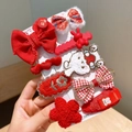 Children's festive red hair clips set with bows and rabbit motifs for Lunar New Year - Red Five-Petal Flower Bow Hair Clip 9-Piece Set