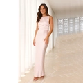 Elegante vestido largo sirena de satén rosa palo con espalda descubierta y tirantes - S / Rosa Claro