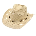 Sombrero vaquero de paja con tejido calado y adornos de cuentas y conchas para la playa - Beige (Decoración de Concha)