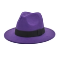 Detail of a deep purple wool fedora hat featuring a classic black flat ribbon band - M (56-58cm) / Purple