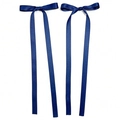Detail of two navy blue satin ribbon bow hair clips with long streamers on white backdrop - Navy Blue (1 Pair)