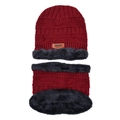 Detail of burgundy knitted hat and neck gaiter set with warm artificial fur lining - Wine Red Beanie Hat Scarf Set