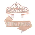 Rose gold rhinestone birthday princess tiara and champagne glitter sash set for women - Rose Gold Birthday Crown Sash Set