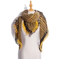 Triangle plaid scarf with fringe in yellow, black and brown knit pattern - Bright Yellow Plaid