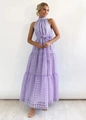 Detail of lavender tiered maxi dress featuring checkered texture and halter neckline - S / Light Purple