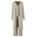 Three-piece oatmeal knit set featuring long cardigan, V-neck vest, and wide-leg pants - One Size / Khaki