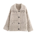 Cardigan in maglia spessa color avena con colletto ampio e dettagli traforati chic - S / Albicocca