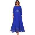 Elegant royal blue chiffon evening gown with lace appliques and cape-style sleeves - Sapphire Blue / US size 2 (S)