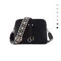 Black cross-body bag in lychee texture with geometric patterned woven shoulder strap - Black
