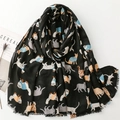 Black cotton linen scarf with colorful cartoon cat patterns and stylish fringed edges - Black