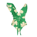 Detail of ruffled asymmetric shoulder and deep V-neckline on green floral swimsuit - S / Green Tropical Print Ruffle One-Piece Swimsuit