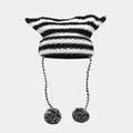 Berretto in maglia a righe con orecchie di gatto e lacci con pompon bianchi e neri - Taglia unica / Patchwork Nero e Bianco