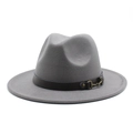 Detail of grey wool fedora hat with brown crocodile leather band and gold horsebit buckle - Light Gray