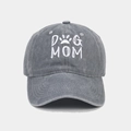 Detail of Dog Mom white embroidery and paw print on grey washed cotton baseball cap - Adjustable / Gray