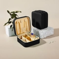 Portable black PU leather jewelry box with zipper and beige velvet lining storage - Cross-grain / Ink Black