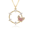 Collar dorado con colgante circular de circonitas blancas y mariposa rosa elegante - Círculo Mariposa Rosa Púrpura