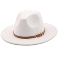 Close-up of white wool fedora hat featuring a brown leather band and gold buckle - Pure White